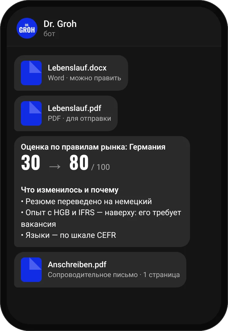 Пример: резюме в Word и PDF, оценка выросла с 30 до 80 из 100, что изменилось и почему, и сопроводительное письмо.
