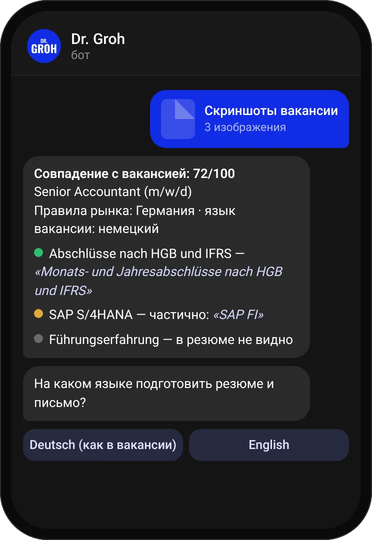 Пример: совпадение с вакансией 72 из 100 — требования, которые видны в резюме, видны частично и не видны, и выбор языка документов.