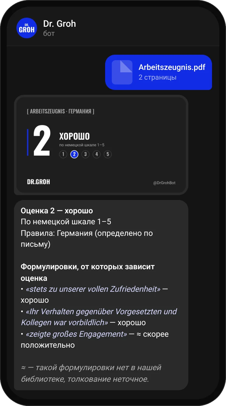 Пример разбора в чате: оценка 2 — хорошо, по немецкой шкале 1–5, и три формулировки с толкованием на русском.